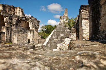 Faszinierende Detailaufnahmen der historischen Ruinen und Tempel von Tikal in Guatemala. Die...