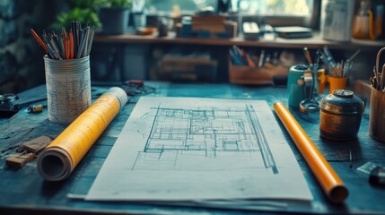 Detailed architectural design rolls with blueprint drafting tools