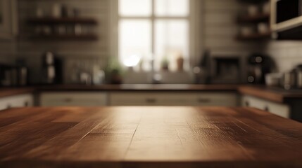 Wood table top on blurred kitchen background. can be used mock up for montage products display or design layout	