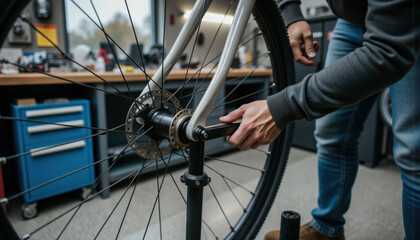 Close-up of person aligning a bicycle wheel using a truing stand