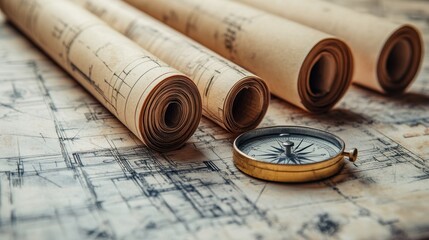 A close-up of rolled-up architectural sketches with compass