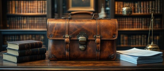Vintage leather briefcase on wooden desk amongst books in a library.