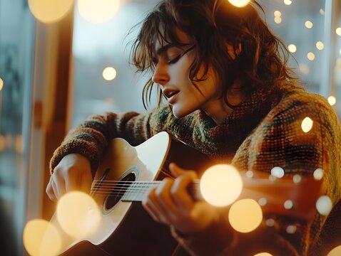 Musician live streaming an intimate acoustic session in a cozy room.