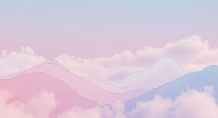 Fototapeta premium Abstract Pastel Sky Landscape with Clouds and Wavy Mountain Outlines