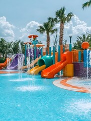 Colorful children's water playground with interactive fountains and slides