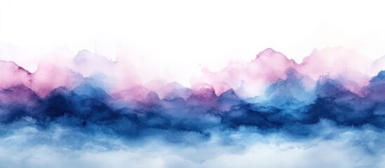 Abstract watercolor landscape of pink and blue misty mountains.