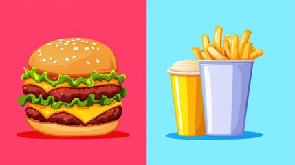 Delicious Burger and Crispy Fries Split Screen Illustration for Food Choice Concept