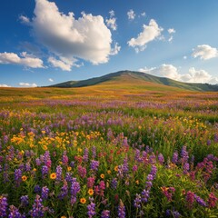 Obraz premium Spring beautiful meadow filled with colorful flowers and daisies under a clear blue sky
