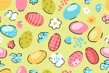 Seamless pattern with Easter eggs and flowers. Easter cute pattern on light green background. Hand drawn vector illustration. Design element. Happy Easter