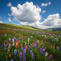 Fototapeta premium Spring beautiful meadow filled with colorful flowers and daisies under a clear blue sky