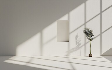 Obraz premium A minimalist white room with a potted plant, a niche, and sunlight streaming through a window, creating shadows