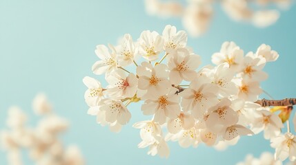 Branches of blossoming cherry macro with soft focus on gentle light blue sky background in sunlight with copy space. Beautiful floral image of spring nature.
