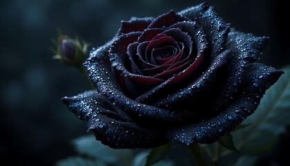 Dark Blue Rose with Dew Drops in Low Light

