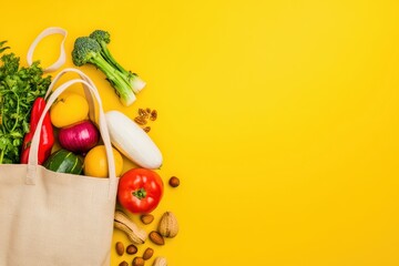 Fresh Grocery Bag with Colorful Vegetables and Nuts on Bright Yellow Background