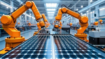 The production of solar panels in a modern factory, Advanced machinery assembling and inspecting solar cells with robotic arms and conveyor belts working seamlessly	 - Powered by Adobe