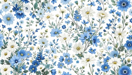 Seamless blue floral pattern with delicate white blossom art