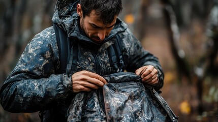 A hunter preparing camouflage gear for hunting in the wild