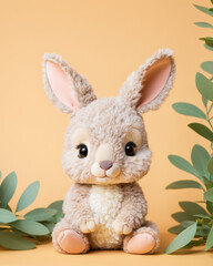 Obraz premium cute baby kangaroo doll hides among leaves, chubby and round, pastel colors