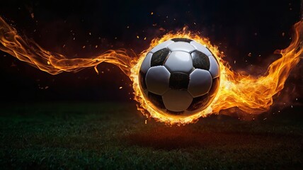 Fototapeta premium Burning soccer ball on a stadium field, concept background soccer event, sports poster, dynamic football events, team motivation