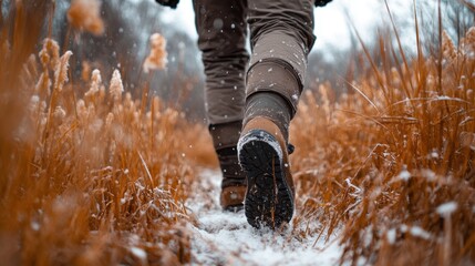 Hunter in hunting boots walking through tall grass