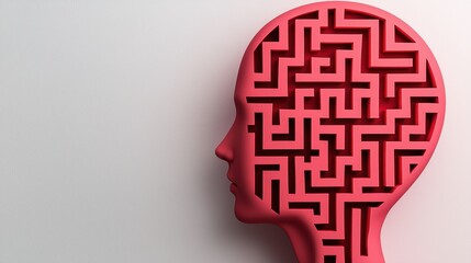 A stylized red head silhouette features a maze pattern, symbolizing complex thoughts and mental challenges.
