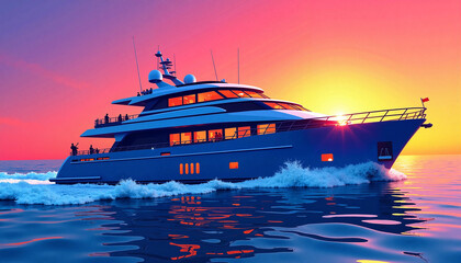 Luxury yacht cruising at sunset, vibrant boat party atmosphere