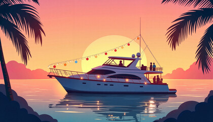 Festive yacht party at tropical sunset, joyful holiday celebration