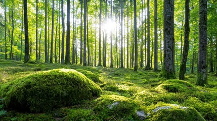 Fototapeta premium Sunlight filters through a lush and vibrant forest canopy