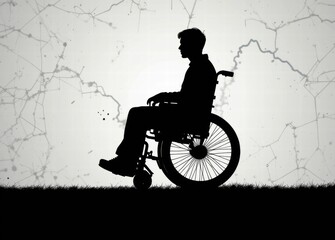 Silhouette Man Sitting in Wheelchair Disability with Network Background
