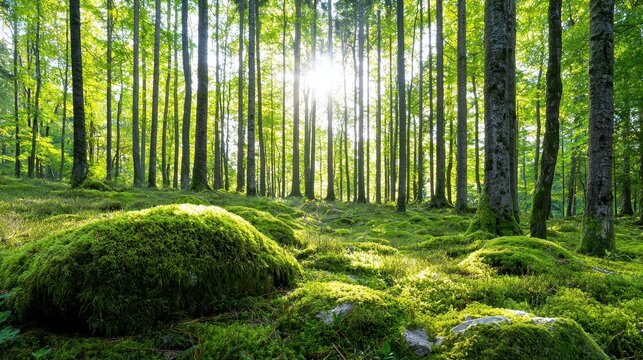 Sunlight filters through a lush and vibrant forest canopy