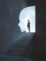 Obraz premium Man Standing on Stairs with Face Profile Silhouette Concept