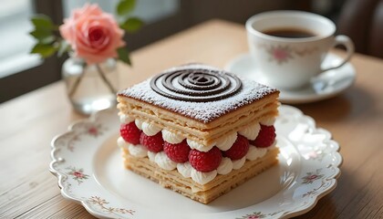 Elegant Raspberry Pastry with Cream and Chocolate on Vintage Plate

