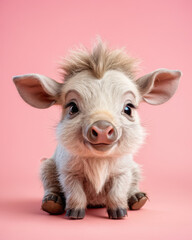 Fototapeta premium cute fluffy doll baby warthog grooms its companion gently. This chubby, round creature enjoys a pastel color backdrop, showcasing its playful nature.