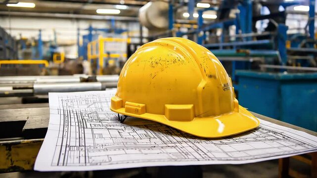 A yellow hard hat and architectural blueprints paper on a table in a factory	
