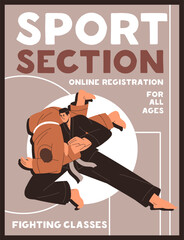 Martial art school event poster design. Traditional oriental, asian sports fights advertising. Promotion of jujutsu, aikido training. Judo, karate fighters contest, sparring. Flat vector illustration