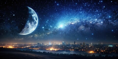 Dark mysterious night scene with stars and moon in high contrast colors, blurred city lights in the background, cosmic night sky , dark night