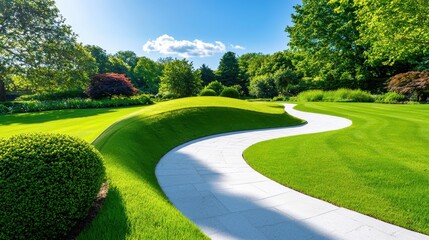 Serene Garden Path Winding Through Lush Green Landscape