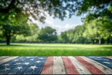 Patriotic Wooden Tabletop with American Flag Design in a Park Setting