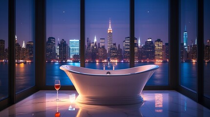 Luxury Bathroom with City Skyline View at Night