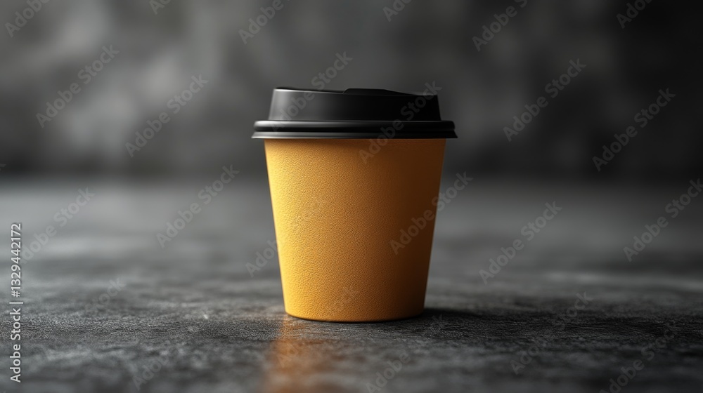 Poster a striking yellow coffee cup sits on a textured dark surface, illuminated softly to highlight its co