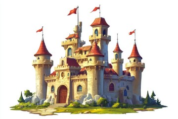 Fototapeta premium DIY Fairytale Castle Clip Art. Fantasy Architecture Elements with Towers, Flags, and Gates for Sticker and Decor Projects