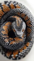 A coiled serpent shows its detailed scales and striking gaze