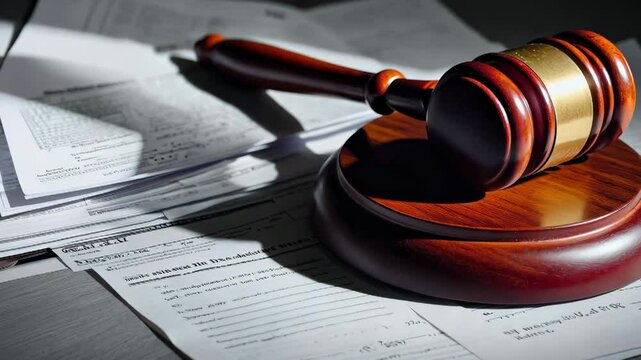 Gavel striking motion over legal documents highlighting judicial decision and justice concepts