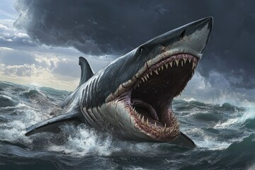 Obraz premium Massive Megalodon Shark Fin Illustration - Captivating 3D Depiction of an Extinct Carnivorous Giant in Action