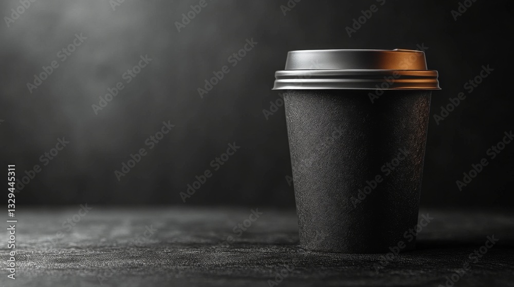 Aufkleber A dark-colored coffee cup stands on a textured surface, illuminated by soft light that enhances its shape and surface. The contrast creates a mysterious atmosphere in the setting.