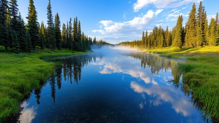 Obraz premium Calm lake reflecting sky and trees with morning mist