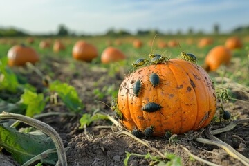 Obraz premium Squash Bugs Infesting Pumpkins: Nymph Stage in a Field Disrupting Crops