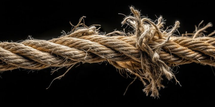 Old frayed rope with tangled thread on a dark black background, showing wear and tear from years of use, deterioration