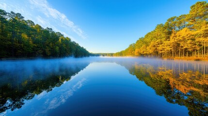 Tranquil lake reflects autumn trees under clear blue sky