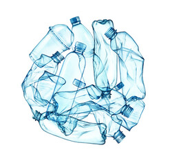 Watercolor plastic. Round composition with plastic cups, bottles. Plastic pollution background. Recycle harmful waste for ecology posters, environment protection, save the ocean, Earth day banners